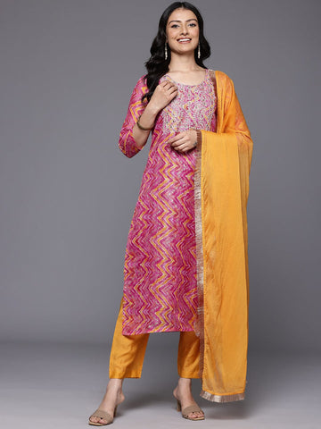 Varanga Women Pink  Chevron Printed Zari Embroidered Kurta Paired With Bottom And Dupatta